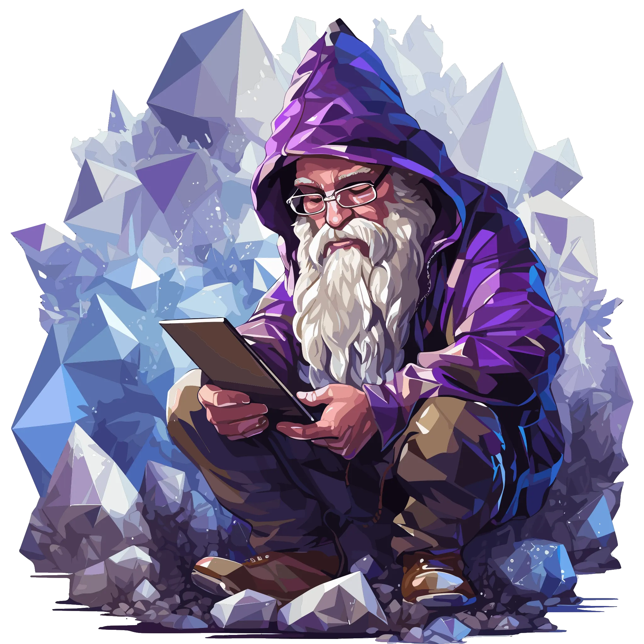 Amethron gnome reading something on a digital tablet in a diamond mine