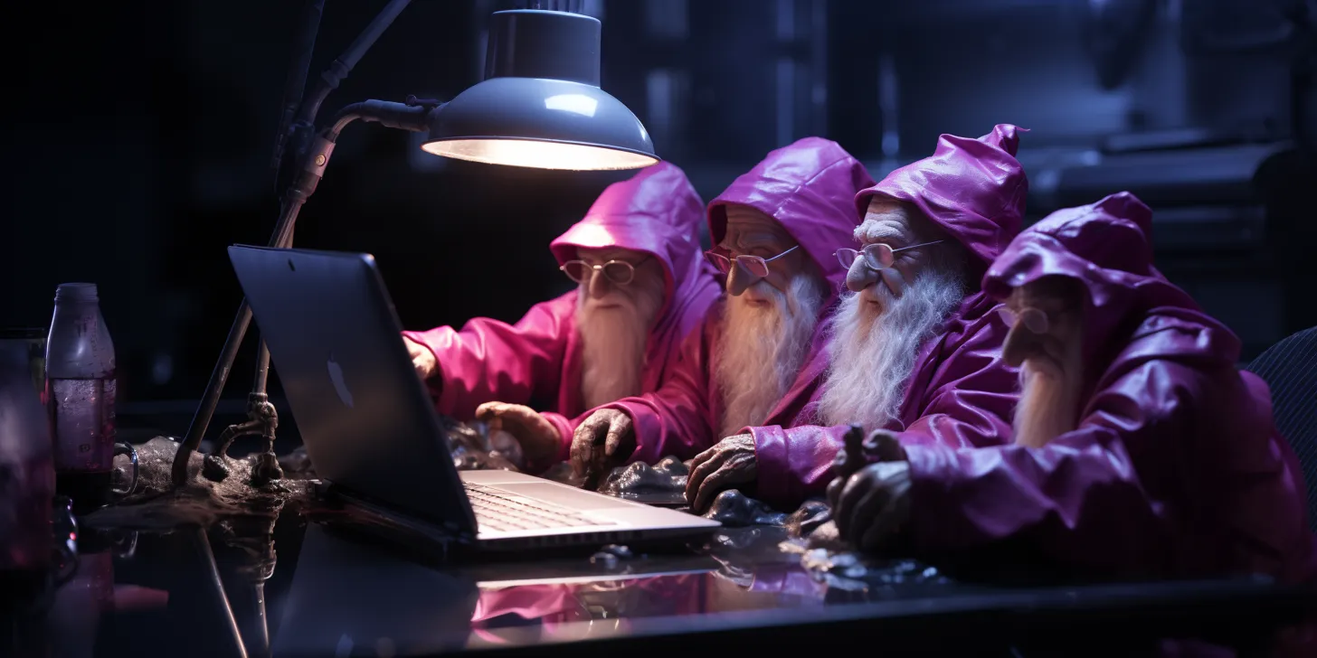 Four Amethron gnomes looking at a laptop screen and offering technical support for a web application