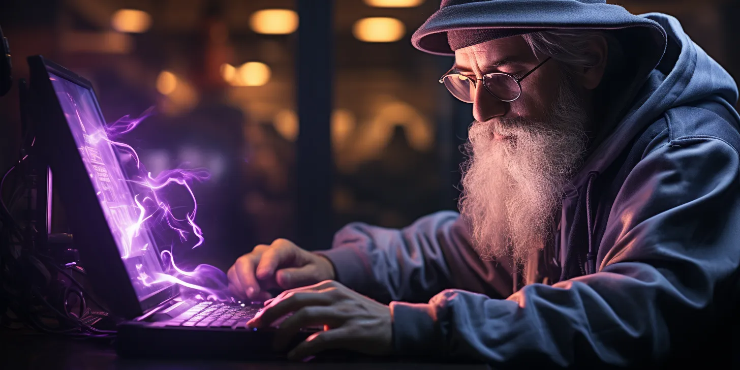 An Amethron gnome programming on a computer as a purple flame emerges from the screen.
